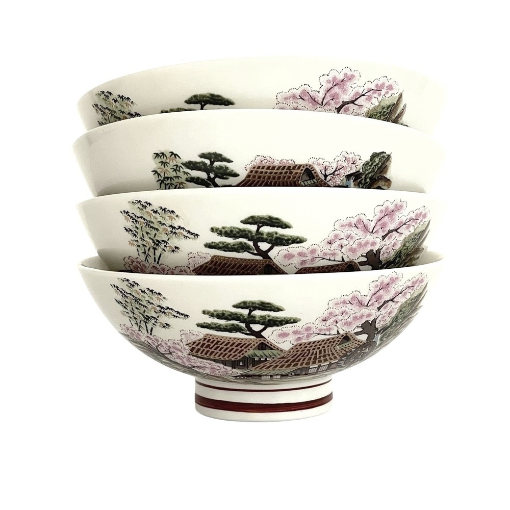 Vintage Japanese Kutani-Yaki Porcelain Rice Bowls Landscape Cherry Blossom Set 4